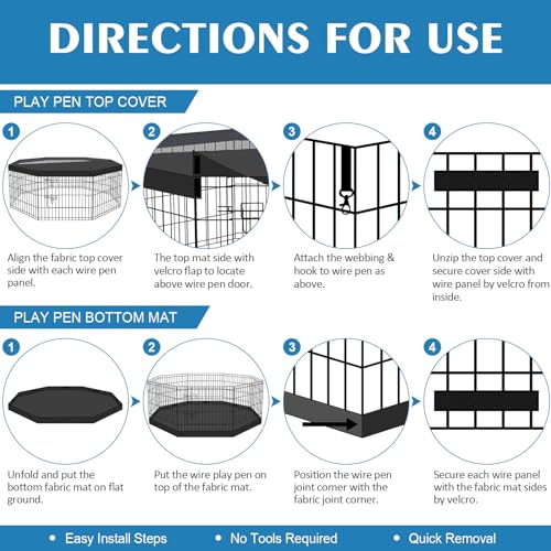 Peekaboo Dog Playpen 24" H 8-Panel with Top Cover & Bottom Pad, Black | 24 Inch 8 Panel Foldable Metal Dog Playpen with Top Cover and Waterproof Bottom Pad - style: Playpen + top and bottom cover