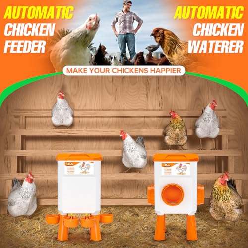 Chicken Feeder and Waterer Set, Chicken Coop Accessories, 3.1 Gallon/24.2 Pounds, Automatic Chick Feeder and Waterer Set No Waste