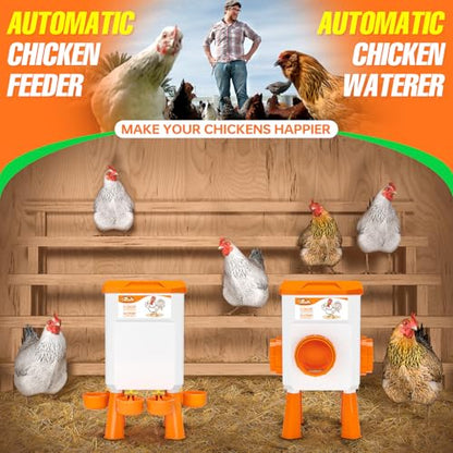 Chicken Feeder and Waterer Set, Chicken Coop Accessories, 3.1 Gallon/24.2 Pounds, Automatic Chick Feeder and Waterer Set No Waste