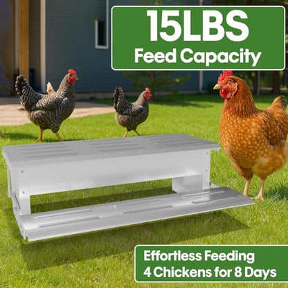 Stainless Steel Automatic Chicken Feeder, Treadle Chicken Feeder with Weatherproof Lid, No Waste Chicken Feeder, 15 lbs Poultry Feeder, for Chickens, Ducks, Fowl