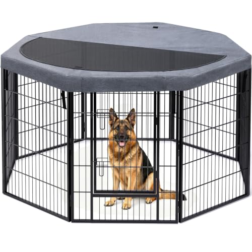 PETIME Dog Playpen,Metal Exercise Puppy Pen Heavy Duty Kennels Yard Fence Indoor/Outdoor 30" W x 40" H 8 Panels Dog Cage with Octagon Top Cover and Bottom Pad - size: 40"H, style: Playpen+Octagon Top