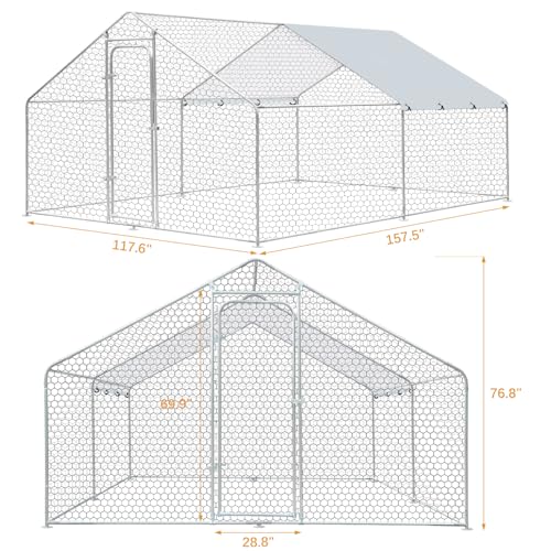 Large Metal Chicken Coop, Walk in Chicken Runs for Yards with Cover, Hen House Enclosure with Security Lock & Waterproof Cover, Outdoor Duck Rabbit Pens Chicken House, 13.1 x 9.8 x 6.5 ft - size: 157.2"L x 117.6"W x 78.0"H