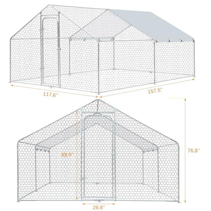 Large Metal Chicken Coop, Walk in Chicken Runs for Yards with Cover, Hen House Enclosure with Security Lock & Waterproof Cover, Outdoor Duck Rabbit Pens Chicken House, 13.1 x 9.8 x 6.5 ft - size: 157.2"L x 117.6"W x 78.0"H