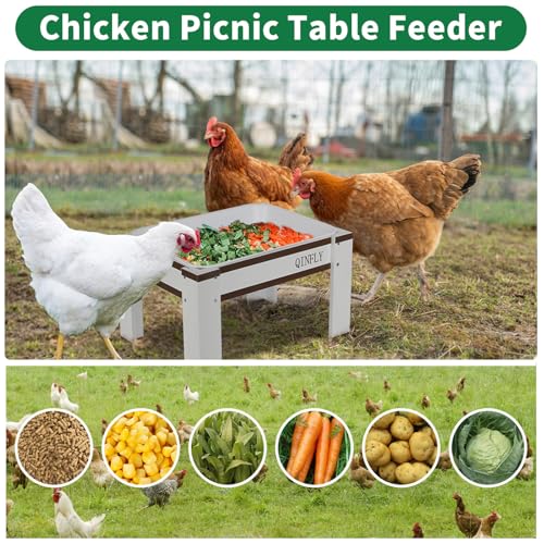 Large Chicken Picnic Table Feeder No Waste with Removable Plastic Tray,Chicken Coop Accessories Must Haves,Poultry Feeder,Chicken Food Dispenser - color: White-Brown, size: 16.1in*11.8in*8.7in