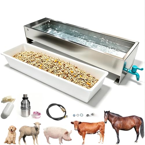Automatic Livestock Water & Feed Trough with Float Valve for Cattle Horse | 25Gal Stainless Steel Automatic Waterer 19Gal Plastic Larger Waterer & Feeding Trough for for Horse Goat Cattle Hog Pigs Dog - color: 25 Gallons+2pc Feeder, size: 48.3"L x 13.7"W
