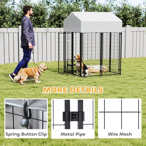 PawHut Outdoor Dog Kennel with Roof, 4' x 4' x 6' Heavy Duty Welded Wire Dog Playpen Enclosure with Escape-Proof Lock, UV-Resistant & Waterproof Cover, for Medium Dogs, Chickens, Ducks, Silver - size: 48" L x 48" W x 72" H, style: Single Room