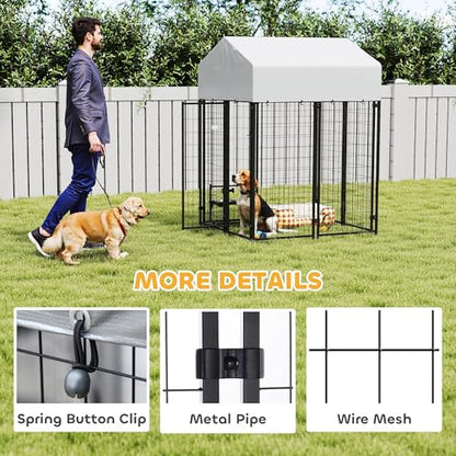 PawHut Outdoor Dog Kennel with Roof, 4' x 4' x 6' Heavy Duty Welded Wire Dog Playpen Enclosure with Escape-Proof Lock, UV-Resistant & Waterproof Cover, for Medium Dogs, Chickens, Ducks, Silver - size: 48" L x 48" W x 72" H, style: Single Room