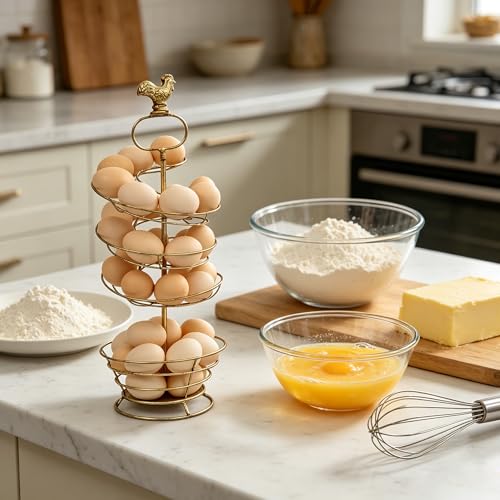 Vintage White Metal Spiral Egg Holder - Farmhouse Distressed Decor Egg Skelter Rack with Rooster Top, Storage Display Rack for Kitchen Countertop Decor (Gold) - color: Gold - Spiral
