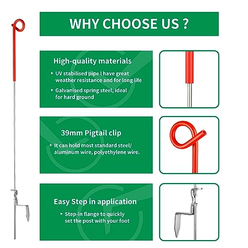 Fence Shock 30 Pack 41 Inches Systems Pig Tail Step-in Fence Post, Portable Stainless Steel Single Rope Poles/Stakes for Electric Fence, Garden, Farm, Flower Beds, Walkways, Fountains - Red - color: Red