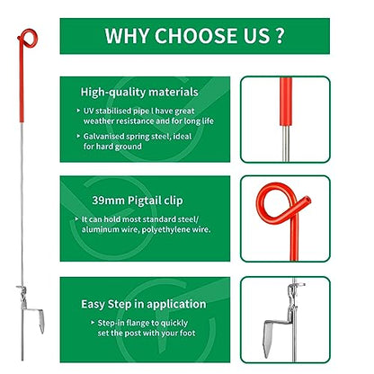 Fence Shock 30 Pack 41 Inches Systems Pig Tail Step-in Fence Post, Portable Stainless Steel Single Rope Poles/Stakes for Electric Fence, Garden, Farm, Flower Beds, Walkways, Fountains - Red - color: Red