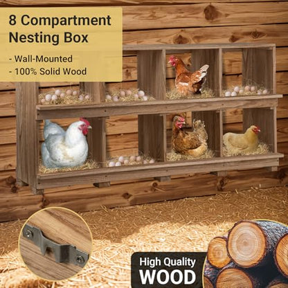 Neoaider Nesting Boxes for Chickens 8 Compartment, Wall-Mounted Wooden Chicken Nesting Box, Ensuring Comfortable Egg Laying, Preventing Egg Falls, Perfect for Backyard and Poultry Farms - size: 50.0"L x 14.7"W x 26.0"H
