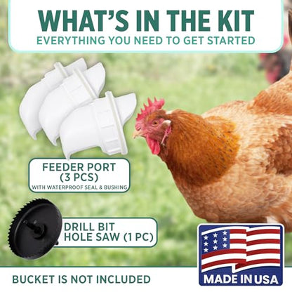 The Original Poultry Pro DIY Chicken Feeder Kit - As seen on Shark Tank, 3 Ports, Waterproof Seal Bushings & Hole Saw, Poultry Feed, Use for Buckets, Barrels, Bins & Troughs (Bucket Not Included) - style: Original Feeder 3 Pack
