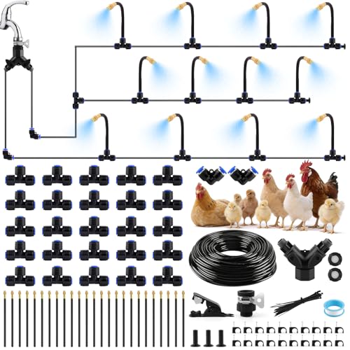 Kalolary 100FT Chicken Coop Misting Cooling System with 25 Mist Nozzles Brass Adapter (1/4"), Quick Connect Tubing Fittings Poultry Cooling System for Cooling Summer Heat Garden, Greenhouse, Patio - color: 100FT Blue