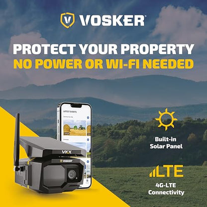 Vosker VKX Farmers Pack Solar 4G LTE Security Camera, Wireless Outdoor Surveillance for Farms, Sheds and Rural Properties, No Wi-Fi Needed, SIM Card Included Night Vision, IP65 Weather-Resistant