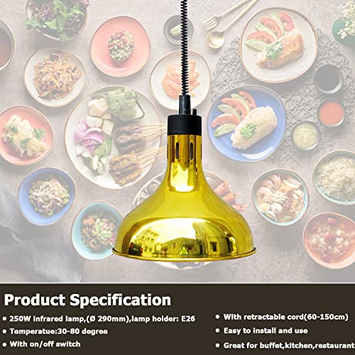 Hanging Food Heat Lamp Infrared Food Warmer Fry Heating Light 250W with Retractable Cord (Dia29cm(Gold)) - size: Dia29cm(Gold)