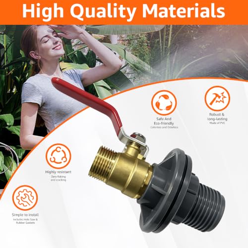 QTG Rain Barrel Spigot Kit 3/4" GHT Quarter Turn Ball Valve with Bulkhead Fitting, Brass Faucet & 32mm Hole Saw for Water Containers & Garden Rainwater Tanks (Brass) - color: 3/4"