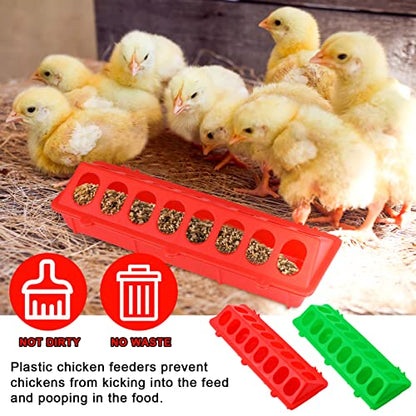 4 Pcs Plastic Flip Top Poultry Feeder Small Plastic Chicken Feeder for Pigeon Duckling Quail Drinker No Mess No Waste Multihole Birds Feeding Dish Dispense(Red, Green)