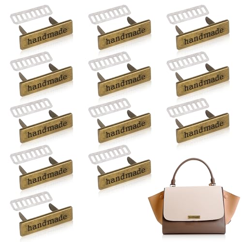 TXIN 12 Pieces Handmade Metal Labels with Shim Rectangle Alloy Tags Hand Made Printed Signs Label for DIY Crafts Sewing Items Purses Bags Shoes - color: Bronze