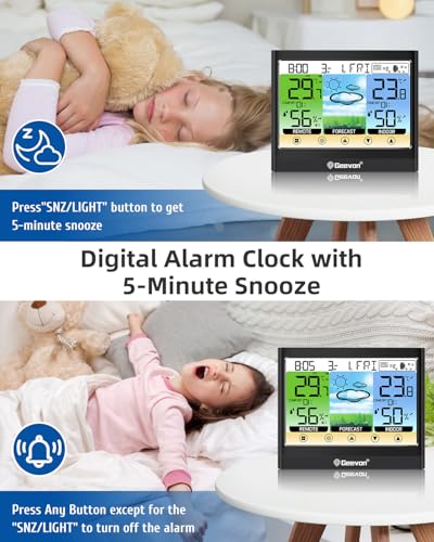 Geevon Weather Station Wireless Indoor Outdoor Thermometer Hygrometer with Dew Point, Heat Index, Touch LCD Display Digital Weather Thermometer with Alarm Clock and Adjustable Backlight