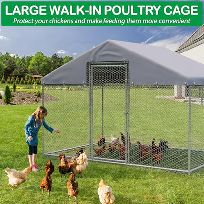 Large Metal Chicken Coop, Walk-in Chicken Run Pen with Anti-UV&Waterproof Cover, Spire Roof Poultry Cage for Outdoor, Backyard, Farm (6.4'FTx9.7'FT) - size: 117.0"L x 77.0"W x 77.2"H