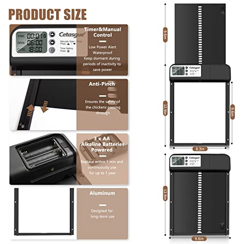 Automatic Chicken Coop Door, Cetasgue Chicken Door Opener with Timer, LCD Display, Battery Powered, Aluminum Door with Anti-Pinch Design, Non Light Sensor, Chicken Coop Accessories for Chicken Run