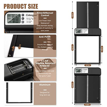 Automatic Chicken Coop Door, Cetasgue Chicken Door Opener with Timer, LCD Display, Battery Powered, Aluminum Door with Anti-Pinch Design, Non Light Sensor, Chicken Coop Accessories for Chicken Run