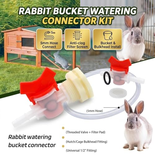 5 Pack Rabbit Watering System Bucket Connector Kit with 1/2 Inch Bulkhead Fitting, 5/16 Inch Barb Ball Valve and Mesh Filter for Automatic Poultry Waterer, Rain Barrel Kit and Animal Water Dispenser