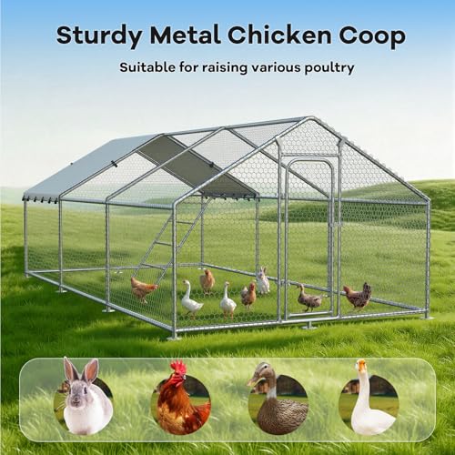 Large Metal Chicken Coop Walk-in Poultry Cage with Waterproof Roosting Perch and UV-Resistant Cover, Outdoor Chicken Run Poultry Hen House for Backyard Farm Use,Spire Roof(10’ W x 19.7’ L x 6.4’ H) - size: 236.4"L x 120.0"W x 76.8"H