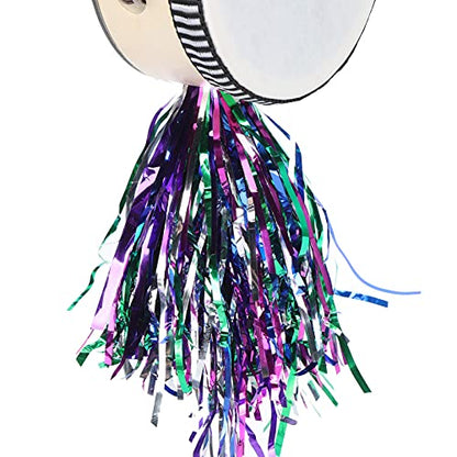 Pet Chicken Mirror Drum Toy, Double Side with Bells, Metal Wood Plastic Material, 3.9in Diameter, 26.6in Hanging Height, Random Sticker Pattern and Bell Color