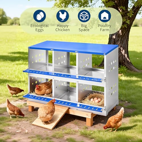 Chicken Nesting Box, 6 Compartment Nesting Boxes for Chickens, Durable Galvanized Steel, Ventilated with Dot Holes, Non-Slip, Wall Mountable Nesting Boxes for Chicken, Partitioned Design, Blue - size: 6 Compartment