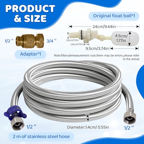 6.56ft Metal Water Hose for Automatic Livestock Waterer Replacement Parts | Includes 1/2" NPT to 3/4" GHT Flexible Water Pipe &1/2'' Float Valve Kit for Dog Water Bowl,Stock Tank