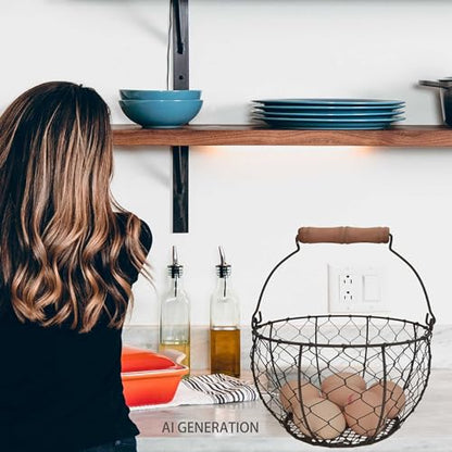 TAIANLE. Wire Egg Basket with Wooden Handle, Farmhouse Egg Collecting Basket Gathering Eggs Holds 1-3 Dozen – Kitchen Countertop, Chicken Coop, Easter & Gift - color: Rusty round mesh