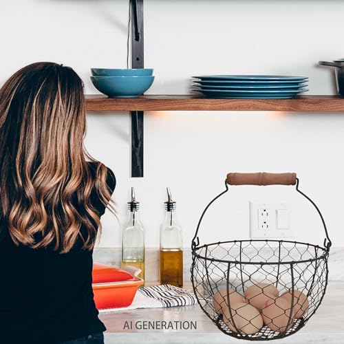 TAIANLE. Wire Egg Basket with Wooden Handle, Farmhouse Egg Collecting Basket Gathering Eggs Holds 1-3 Dozen – Kitchen Countertop, Chicken Coop, Easter & Gift - color: Rusty round mesh
