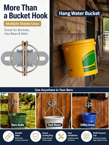 4 PCS Horse Water Bucket Hooks with Locking Pin, Heavy Duty Wall Mounted Feed Bucket Holder, Stable Bucket Hangers for Horse Stall, Barn, Livestock Feeding Supplies