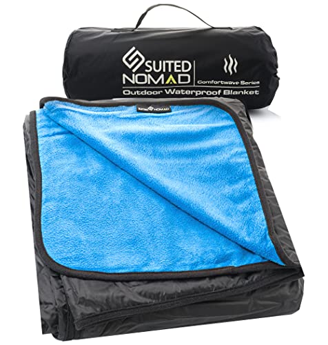 SUITEDNOMAD Large Waterproof Outdoor Stadium Blanket, Windproof and Warm Extra Thick Fleece or Quilted Sherpa, Great for Cold Weather Camping, Picnic, Sports, Festivals - color: High Blue