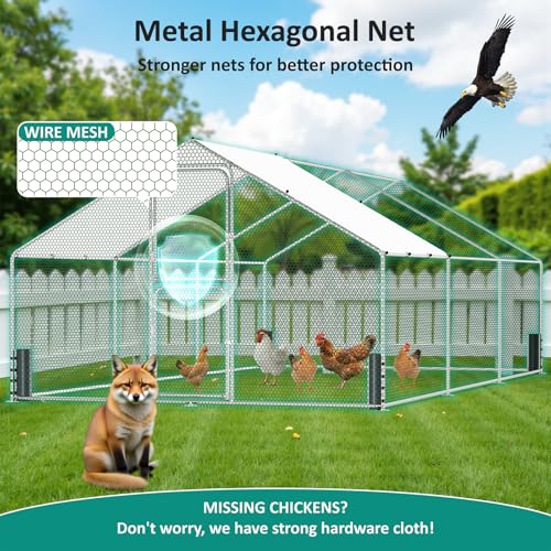Large Metal Chicken Coop, Chicken Run with Feeding Door, Security Lock and Cover, Outdoor Walk-in Duck/Rabbit Cage Poultry Pen for Backyard, Farm, Yard (Silver - Spire Roof, 19.7 x 9.8 x 6.5 FT) - size: 236.2"L x 118.0"W x 78.7"H