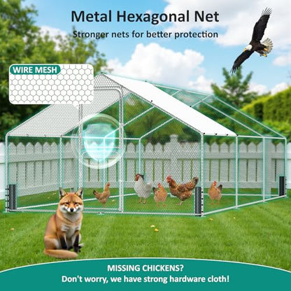 Large Metal Chicken Coop, Chicken Run with Feeding Door, Security Lock and Cover, Outdoor Walk-in Duck/Rabbit Cage Poultry Pen for Backyard, Farm, Yard (Silver - Spire Roof, 19.7 x 9.8 x 6.5 FT) - size: 236.2"L x 118.0"W x 78.7"H