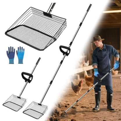 10inch Large Chicken Poop Scooper Metal Chicken Coop Scoop for Poop with 37" to 76" Adjustable Stainless Steel Handle for Cleaning Coop,Farm,Pet Waste Removal,Durable & Rust-Proof