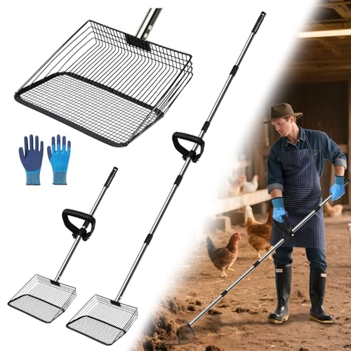 10inch Large Chicken Poop Scooper Metal Chicken Coop Scoop for Poop with 37" to 76" Adjustable Stainless Steel Handle for Cleaning Coop,Farm,Pet Waste Removal,Durable & Rust-Proof