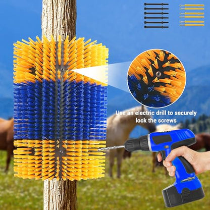 Livestock Scratching Brush 2 Pcs, Heavy Duty Horse Brush with Mounting Screws, Itch Relief & Grooming for Cattle Goat Pig Cow, Farm Animal Back Scratcher, Blue & Yellow - color: Blue yellow 2