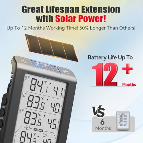BaldrTherm Indoor Outdoor Thermometer Wireless, Temperature Humidity Monitor with 3 Remote Sensors, 4.8" Digital Display 330ft Range Real-Time Alerts Smart Backlight Hygrometer Thermometer, Black