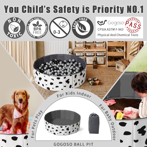 GOGOSO Foldable Ball Pit for Toddlers Large Foldable Puppy Dogs Cats Baby Infant Kids Portable Corner Ball-Pit Big Pop Up Collapsible Soft Play Tent Indoor Outdoor (Balls no Include) Black White Cow