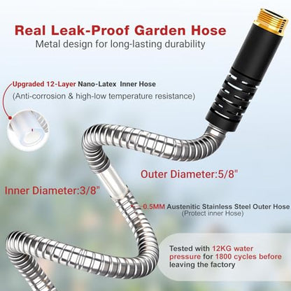Lefree 50ft Metal Garden Hose - Heavy Duty 304 Stainless Steel Flexible Water Hose, No Kinks & Leak-Proof with Upgraded Handle, 10-Function Spray Nozzle for Balcony, Patio, Small Yard, Car Wash - color: Silver, size: 50FT