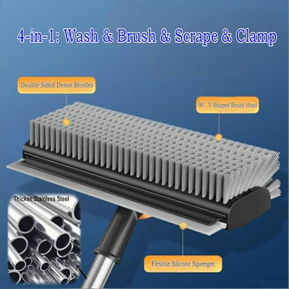 4 in 1 Floor Scrub Brush with Squeegee Long Handle Grout Brush 52'' 2026 Upgraded Multi-Functional Stiff Bristle Cleaning Scrub Brush Rotating Tile Brush for Cleaning Bathroom Patio, Pool, Garage