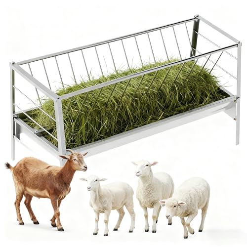 Pasture Hay Feeder 96 Gallon, Heavy Duty 2-in-1 Pasture Feeder, 5" Long Goat Hay Feeder with All Steel Frame, Easy to Assemble and Carry for Sheep, Calf, Cow and Horse (Stainless Steel)