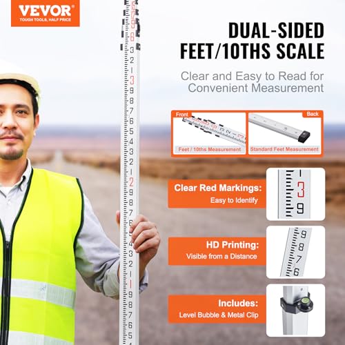 VEVOR Aluminum Grade 18-Feet/10ths 6 Sections Telescopic Measuring Rod, Double-Sided Scale 1/10ft Leveling Rod Stick with Bubble Level & Carrying Bag for Houses, Walls, Floors - size: 18 FT-10ths