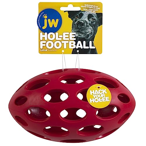 JW Pet Hol-ee Football Dog Toy Puzzle Ball, Natural Rubber, Large (9 Inch Length), Colors May Vary - size: Large