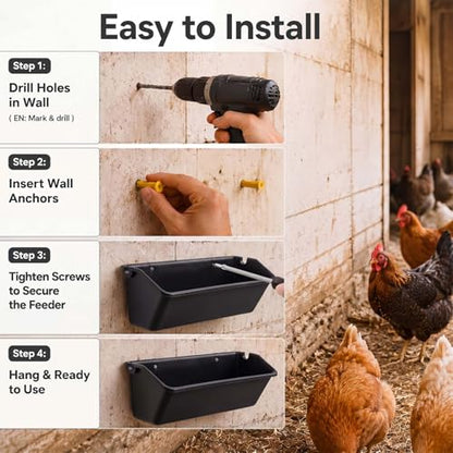 Wenqik 10 Pack Chicken Feeder Waterer Hanging Goat Feeders, 5 Quart Fence Mount Poultry Feed Troughs with Metal Clips and Screws, Livestock Feed Buckets for Sheep Duck Coop, Farm, Geese (Black) - color: Black
