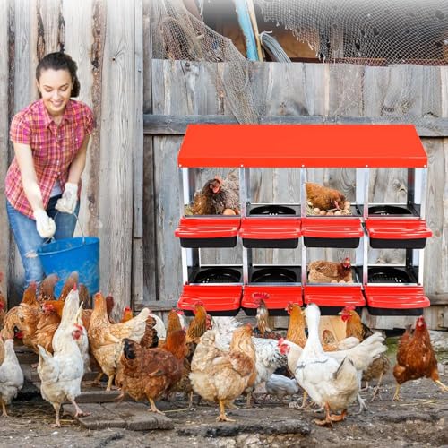 Chicken Nesting Boxes, 8 Compartments Metal Hens Egg Laying Box with Roll Away Egg Collection Tray and Perch, Wall Mountable Chicken Laying Box Nesting Boxes for Chickens- Red Without Legs