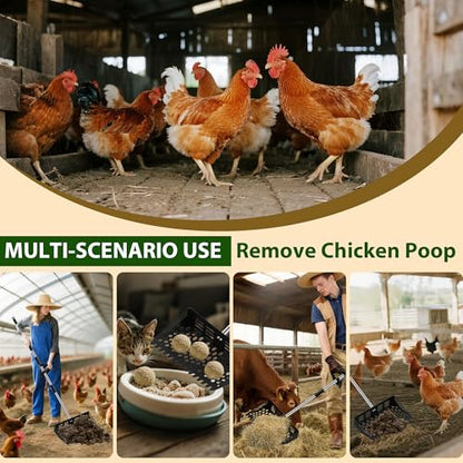 2 in 1 Chicken Poop Scooper & Rake, 12" Chicken Coop Scooper With Ergonomic Grip, Durable Chicken Scooper for Poop With 4 Length Adjustable Stainless Steel Handle(24 to 67") Litter Sifting Shovel